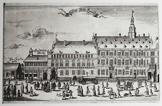 Altes Hamburger Rathaus an der Trostbrücke (Kupferstich um 1690), beim Großen Brand 1842 zerstört