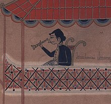 A man in Javanese traditional costume depicted sitting and looking through a monocular