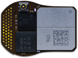 H1 SiP bottom view render - processor, 2x accelerometers, antenna connector, pads for flex cable to other components