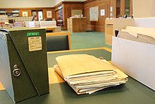 A researcher's set up of League of Nations archives in the John D. Rockefeller Jr. League of Nations and United Nations Archives Reading Room in Geneva. Archives Reading Room detail.jpg