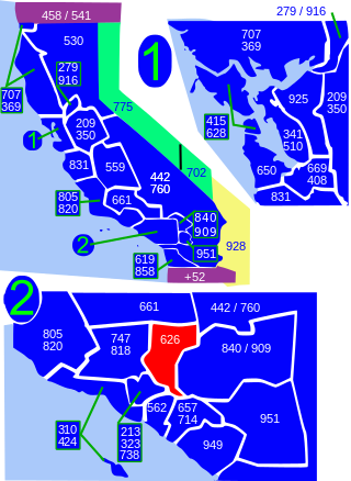 <span class="mw-page-title-main">Area code 626</span> Area code for the San Gabriel Valley of California