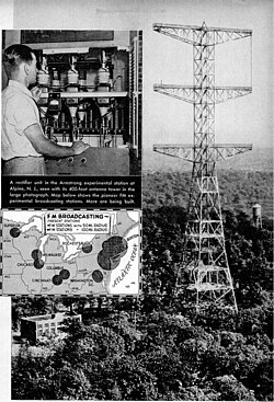 1940 photograph of Armstrong's multi-tiered tower in Alpine, New Jersey. W2XMN's antenna, mounted between the top two tiers, is the vertical line at the far upper right. Armstrong FM radio station W2XMN Alpine NJ 1940.jpg