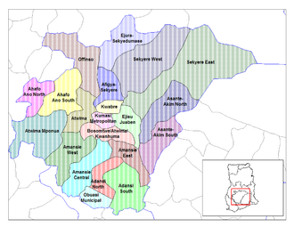 Lage des Distrikts Asante Akim South innerhalb der Ashanti Region