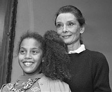 Hepburn receiving UNICEF's International Danny Kaye Award for Children in 1989.