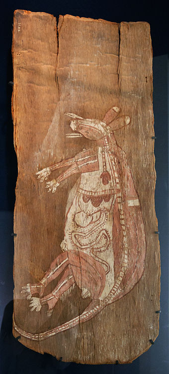 Kangaroo totemic ancestor –  Australian Aboriginal bark painting, Arnhem Land, c. 1915.