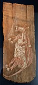 Painting of a kangaroo totemic ancestor; 1915; painting on bark; 92.5 × 35.5 × 5.5 cm; Alligator Rivers (Arnhem Land, Australia); Musée du quai Branly (Paris)