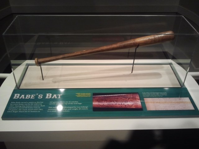 Hillerich & Bradsby bat used by Babe Ruth in a 1927 game, exhibited at the Louisville Slugger Museum & Factory