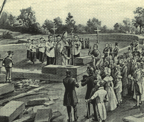 An 1806 illustration of Bishop Carroll laying the cornerstone for the Cathedral of the Assumption on Cathedral Hill in Baltimore