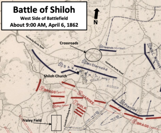 Map showing Fraley Field, Shiloh Church, Crossroads, and troop positions