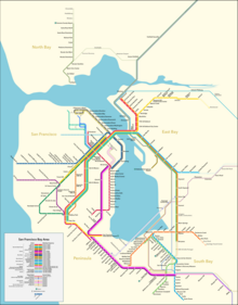 The Bay Area is served by a variety of rail transit systems, including ACE, Amtrak, BART, Caltrain, Muni Metro, SMART, and VTA. Bayarea rail transit 2021.png