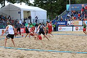 Deutsch: Beachhandball Europameisterschaften 2019 (Beach handball Euro); Tag 6: 7. Juli 2019 – Spiel um Platz Drei, Männer, Ungarn-Russland 2:0 (26:20, 23:22) English: Beach handball Euro; Day 6: 7 July 2019 – Men's Bronze Medal Match – Hungary-Russia 2:0 (26:20, 23:22)