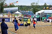 Deutsch: Beachhandball Europameisterschaften 2019 (Beach handball Euro); Tag 5: 6. Juli 2019 – Männer, Platzierungsspiel für die Ränge 5–8, Frankreich-Deutschland 0:2 (18:22, 16:19) English: Beach handball Euro; Day 5: 6 July 2019 – Placement Match/Cross Match for rank 5–8 Men – Frankreich-Deutschland 0:2 (18:22, 16:19)