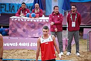 Deutsch: Beachhandball bei den Olympischen Jugendspielen 2018; Tag 6, 12. Oktober 2018; Jungen, Hauptrundenspiel – Spanien-Portugal 2:1 English: Beach handball at the 2018 Summer Youth Olympics at 12 October 2018 – Boys Main Round – Spain-Portugal 2:1