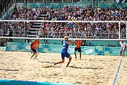 Deutsch: Beachvolleyball bei den Olympischen Jugendspielen 2018; Tag 11, 17. Oktober 2018; Jungen,Finale – Niederlande (Matthew Immers/Yorick de Groot)-Schweden (David Åhman/Jonatan Hellvig) 0:2 (20–22/15–21) English: Beach volleyball at the 2018 Summer Youth Olympics at 17 October 2018 – Final – Netherlands (Matthew Immers/Yorick de Groot)-Sweden (David Åhman/Jonatan Hellvig) 0:2 (20–22/15–21)