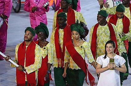 Sabre fencer Yemi Apithy led the Benin team in the opening ceremony. Benin at the 2016 Summer Olympics opening ceremony.jpg