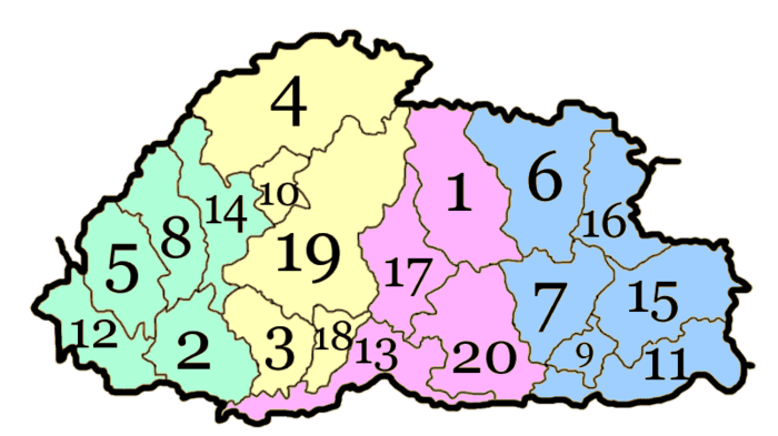 The grouping of Dzongkhags into four zones (dzongdey), Eastern, Southern, Central and Western, is no longer official.　 .mw-parser-output .legend{page-break-inside:avoid;break-inside:avoid-column}.mw-parser-output .legend-color{display:inline-block;min-width:1.25em;height:1.25em;line-height:1.25;margin:1px 0;text-align:center;border:1px solid black;background-color:transparent;color:black}.mw-parser-output .legend-text{}  Eastern　  Southern　  Central　  Western