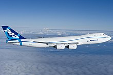 The stretched and re-engined Boeing 747-8 made its maiden flight on February 8, 2010, as a freighter Boeing 747-8 first flight Everett, WA.jpg