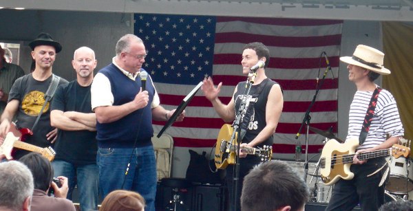 The Bongos receiving a proclamation from the City of Hoboken, September 30, 2007. From left: James Mastro, Frank Giannini, Mayor David Roberts, Richar