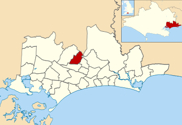 Boundary of Redhill and Northbourne in Bournemouth, Christchurch and Poole. Bournemouth, Christchurch and Poole UK ward map highlighting Redhill and Northbourne.svg