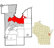 Brown County Wisconsin incorporated and unincorporated areas Green Bay highlighted.svg
