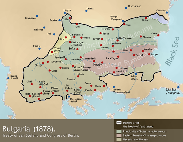 Granițele Principatului Bulgariei și cele preliminare ale Tratatului de la  San Stefano.