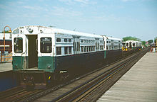 6000-series work train cars at the California station on the O'Hare branch on May 19, 1985 CTA 6523.jpg