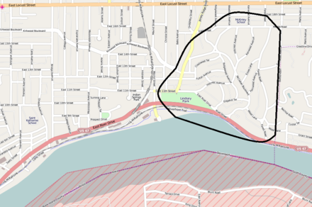 Boundaries of Camp McClellan shown over a map of present-day Davenport, Iowa Camp McClellan, Davenport, Iowa.png