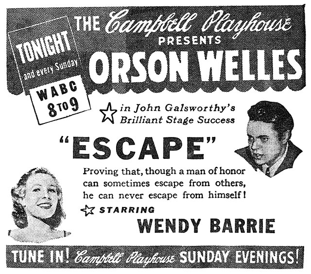 Newspaper advertisement for The Campbell Playhouse presentation of "Escape" (October 15, 1939)