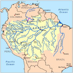 The Amazon River drainage basin; with the Casiquiare River, a distributary of the Orinoco River flowing southward into the Negro River, in Venezuela, South America. As such, it forms a unique natural canal between the Orinoco and Amazon river systems. That links two major river systems, a so-called bifurcation. Casiquiarerivermap.png