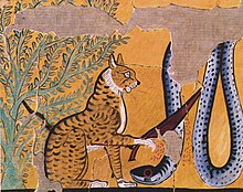 Ra in the form of a cat killing Apep, facsimile by Charles K. Wilkinson, Metropolitan Museum of Art Cat Killing a Serpent MET eg30.4.1.jpg