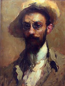 Portrait of a man with hat and glasses label QS:Len,"Portrait of a man with hat and glasses" label QS:Lit,"Ritratto d’uomo con cappello e occhiali" c.1890