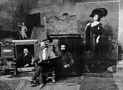 Cesare Tallone in his studio at the Pinacoteca di Brera label QS:Len,"Cesare Tallone in his studio at the Pinacoteca di Brera" label QS:Lit,"Cesare Tallone nel suo studio presso la Pinacoteca di Brera" 1906