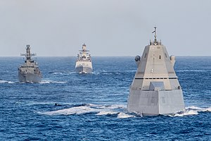 Chilean Navy CNS Almirante Lynch (FF 07), Indian Navy INS Satpura (F48) and USS Michael Monsoor (DDG-1001).jpg