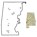 This map shows the incorporated and unincorporated areas in Choctaw County, Alabama, highlighting Gilbertown in red. It was created with a custom script with US Census Bureau data and modified with Inkscape.