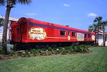 One of the antique Barnum and Bailey train cars that housed a display of circus memorabilia from Circus World. Circus World antique railway car- Orlando, Florida (5786672528).jpg