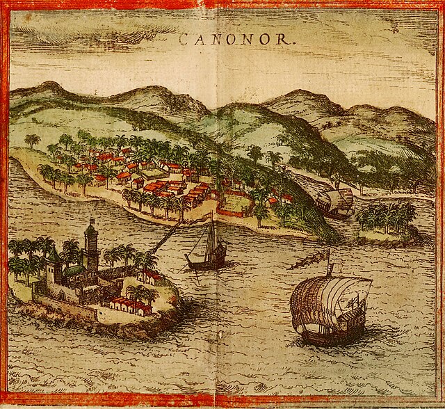 A portrait of Kannur drawn in 1572, from Georg Braun and Frans Hogenberg's atlas Civitates orbis terrarum, Volume I