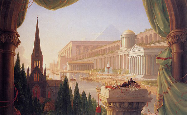 The Architect's Dream by Thomas Cole (1840) shows a vision of buildings in the historical styles of the Western tradition, including Ancient Egyptian, Classical, and Gothic.