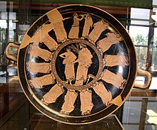 Procession of men, kylix by the Triptolemos Painter, circa 480 BCE. Paris: Louvre Cup Apatouria Louvre G138.jpg