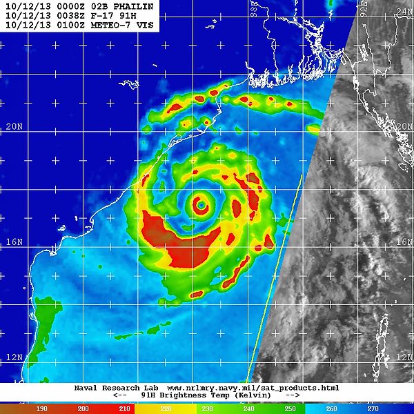 A microwave pass of Cyclone Phailin revealing the moat between the inner and outer eyewalls.