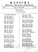 The 1835 issue of the magazine Danicza, with lyrics of what would later become the Croatian national anthem "Lijepa nasa domovino" ("Our Beautiful Homeland"). Danicza-horvatska-domovina.png