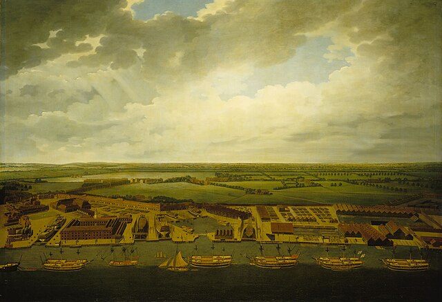 Painting of the Dockyard by Joseph Farington, c.1794, showing (left to right along the shore): - Officers' houses & offices - The double dry dock (and