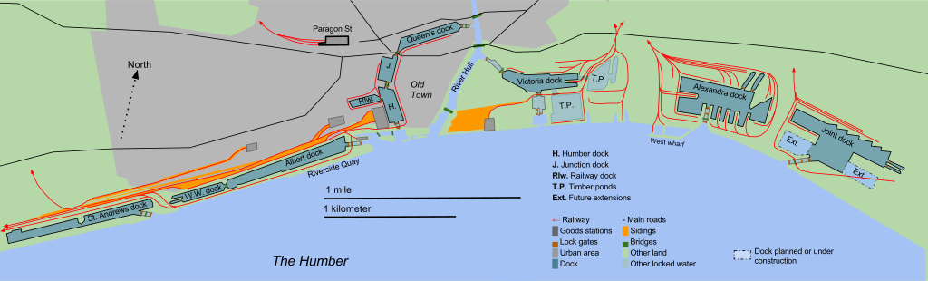 Карта, показывающая доки Халла, связанные железные дороги, станции, шлюзы, мосты и разъезды в контексте реки Халл и устья Хамбера 