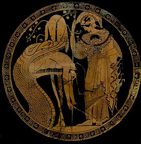 Attic red-figure kylix painting from c. 480-470 BC showing Athena observing as the Colchian dragon disgorges the hero Jason Douris cup Jason Vatican 16545.jpg