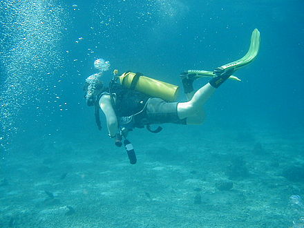 Diver with dangling instrument console, which could impact the bottom or even get snagged on a reef
