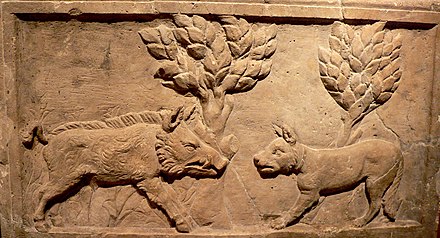 Roman relief, c. 3rd century, of hunting wild boar with a bay dog