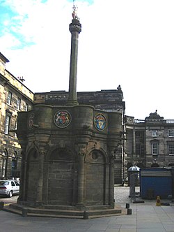 The Act of Pardon and Grace was proclaimed at the Mercat Cross on Edinburgh's Royal Mile. Edinburgh mercat cross.jpg