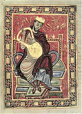 König David mit kinnor (Folie 20v aus dem Egbert-Psalter, um 980 n. Chr.). Die Abbildung der sogenannten Davidsharfe zeigt eine Leier.