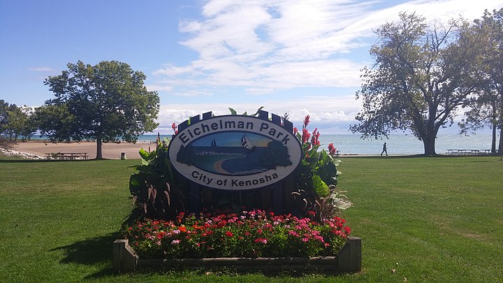 Eichelman Park in Kenosha, Wisconsin, with Lake Michigan in the background