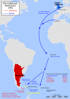 The location of the Falkland Islands in the South Atlantic and the distances to the British bases