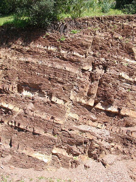 A fault in Morocco. The fault plane is the steeply leftward-dipping line in the centre of the photo, which is the plane along which the rock layers to